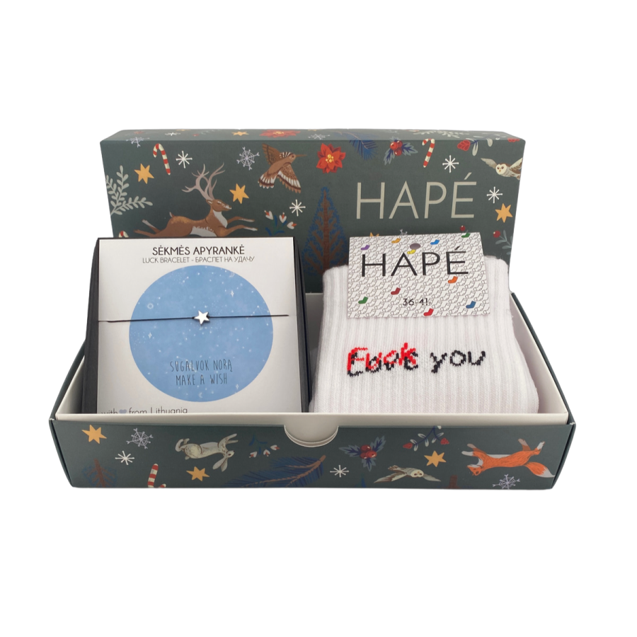 DOVANŲ RINKINYS KALĖDINĖJE DĖŽUTĖJE - kojinės ir MAKE A WISH apyrankė