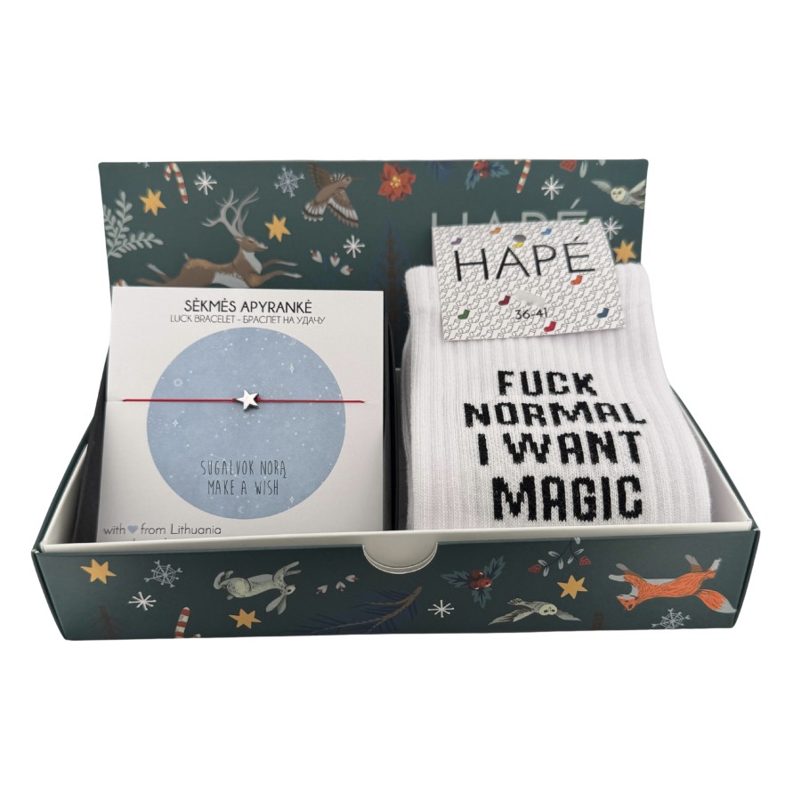 DOVANŲ RINKINYS KALĖDINĖJE DĖŽUTĖJE - kojinės ir MAKE A WISH apyrankė