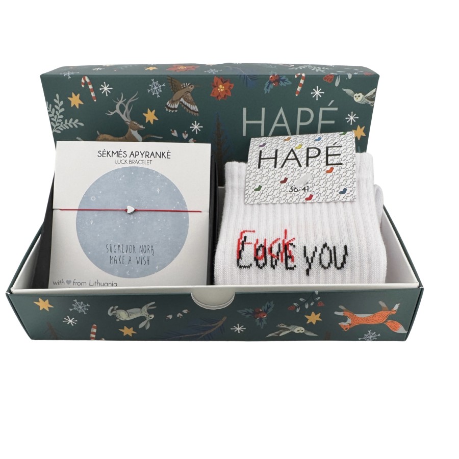 DOVANŲ RINKINYS KALĖDINĖJE DĖŽUTĖJE - kojinės ir MAKE A WISH apyrankė