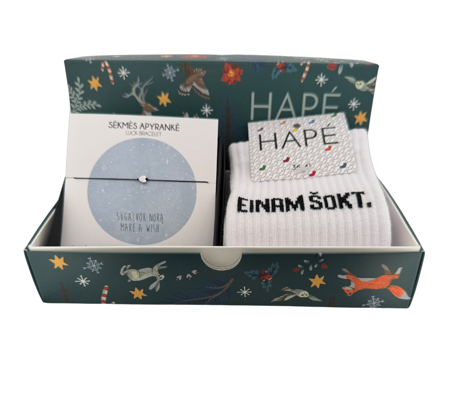 DOVANŲ RINKINYS KALĖDINĖJE DĖŽUTĖJE - kojinės ir MAKE A WISH ♡ apyrankė