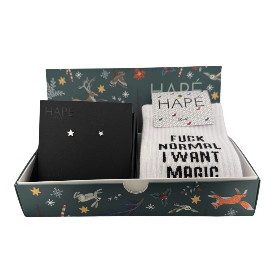 DOVANŲ RINKINYS KALĖDINĖJE DĖŽUTĖJE - kojinės ir sidabriniai auskarai