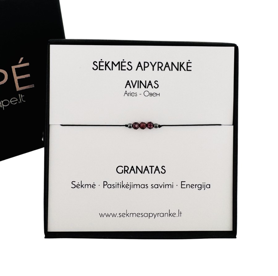 Sėkmės apyrankė AVINUI • Granatas • Juodas siūlas