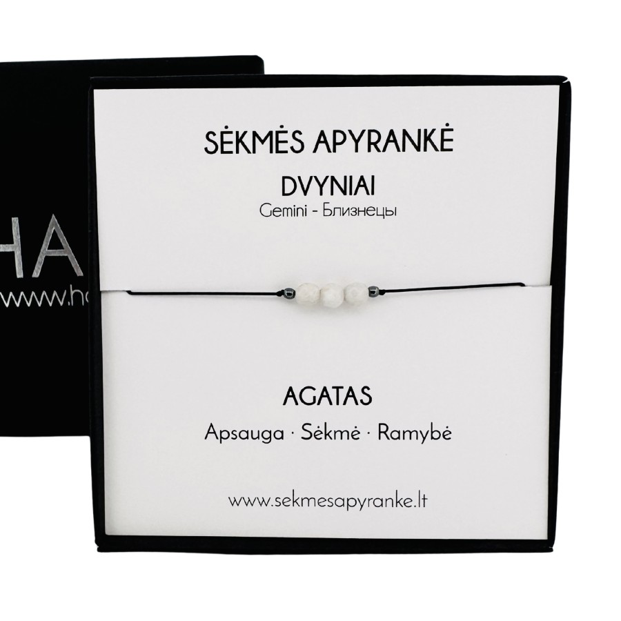 Sėkmės apyrankė DVYNIAMS • Agatas • Juodas siūlas 