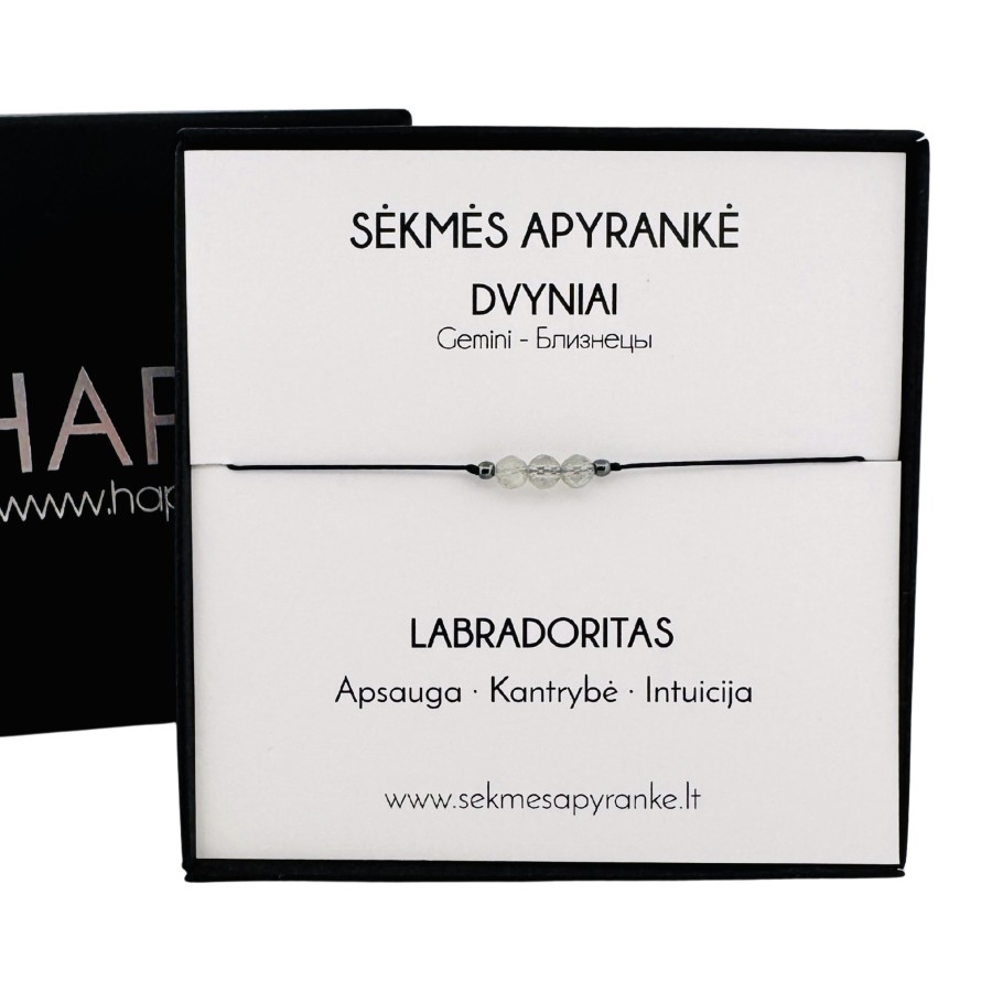 Sėkmės apyrankė DVYNIAMS • Labradoritas • Juodas siūlas 