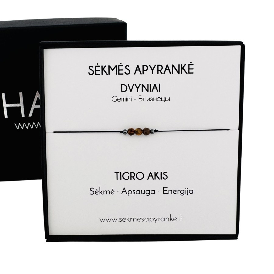 Sėkmės apyrankė DVYNIAMS • Tigro akis • Juodas siūlas 