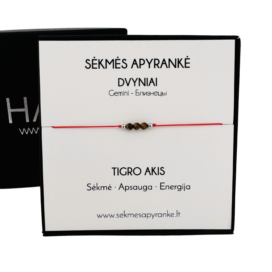 Sėkmės apyrankė DVYNIAMS • Tigro akis • Raudonas siūlas