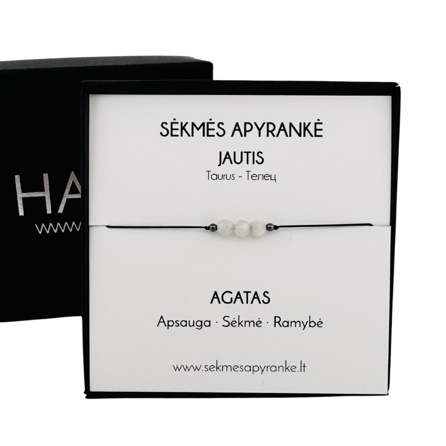 Sėkmės apyrankė JAUČIUI • Agatas • Juodas siūlas