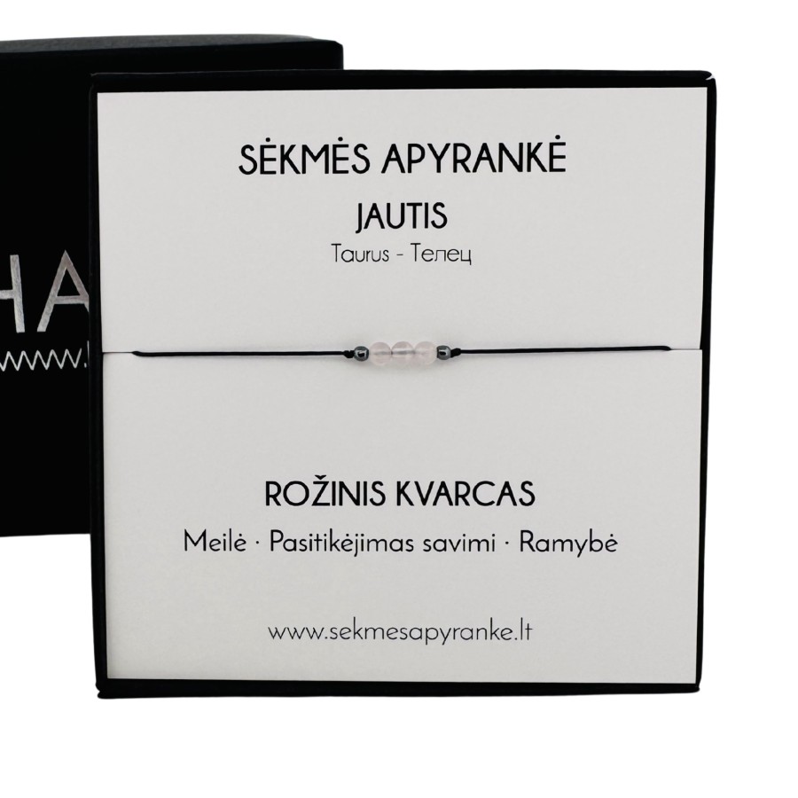 Sėkmės apyrankė JAUČIUI • Rožinis kvarcas • Juodas siūlas