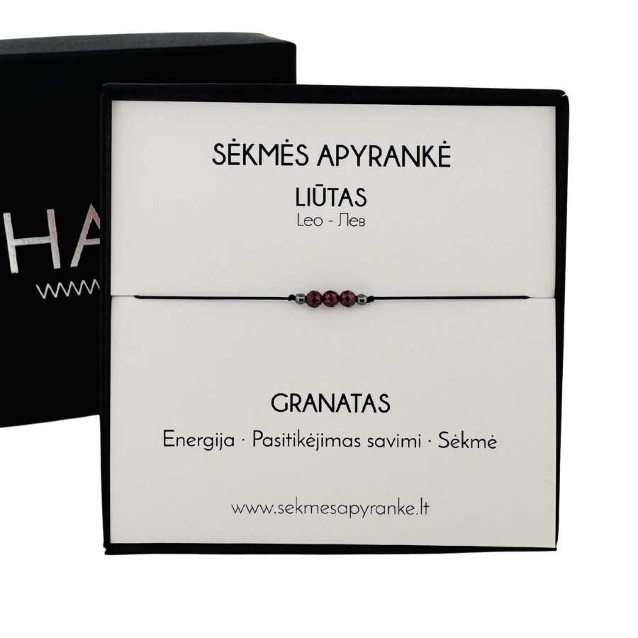 Sėkmės apyrankė LIŪTUI • Granatas • Juodas siūlas