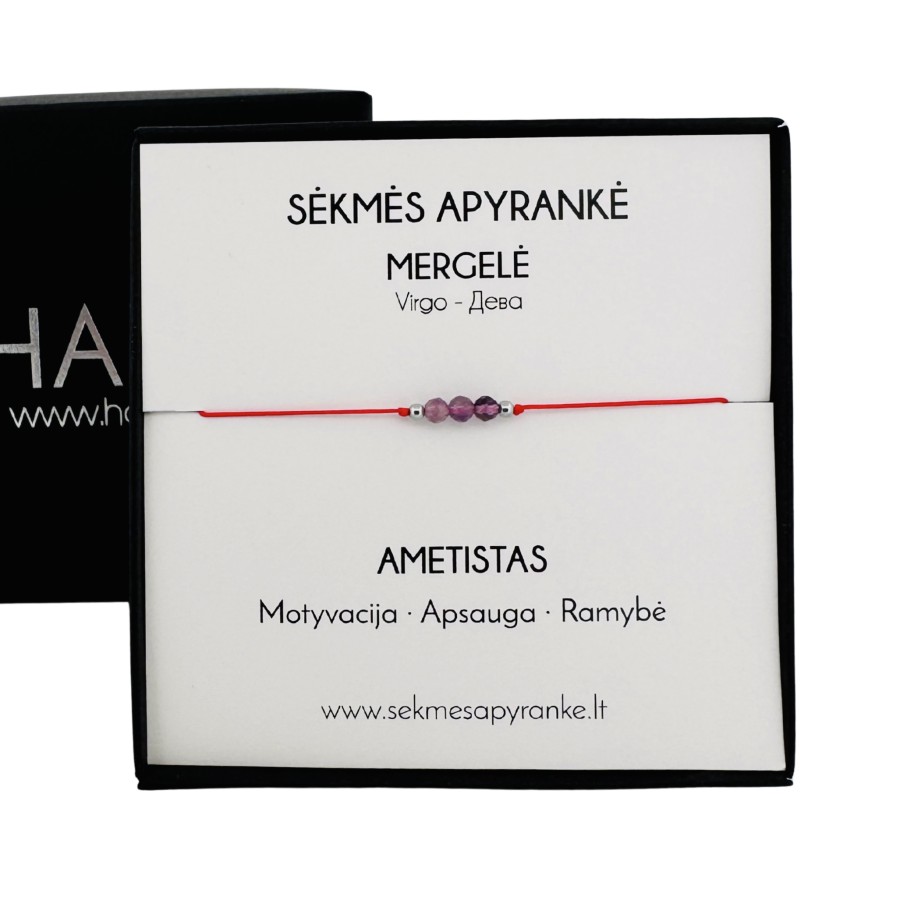 Sėkmės apyrankė MERGELEI • Ametistas • Raudonas siūlas