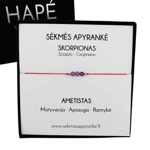 Sėkmės apyrankė SKORPIONUI • Ametistas • Raudonas siūlas