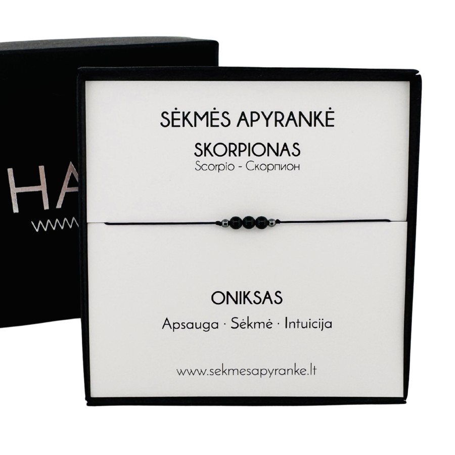 Sėkmės apyrankė SKORPIONUI • Oniksas • Juodas siūlas