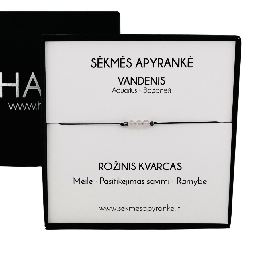 Sėkmės apyrankė VANDENIUI • Rožinis kvarcas • Juodas siūlas Sėkmės apyrankė VANDENIUI • Rožinis kvarcas • Juodas siūlas