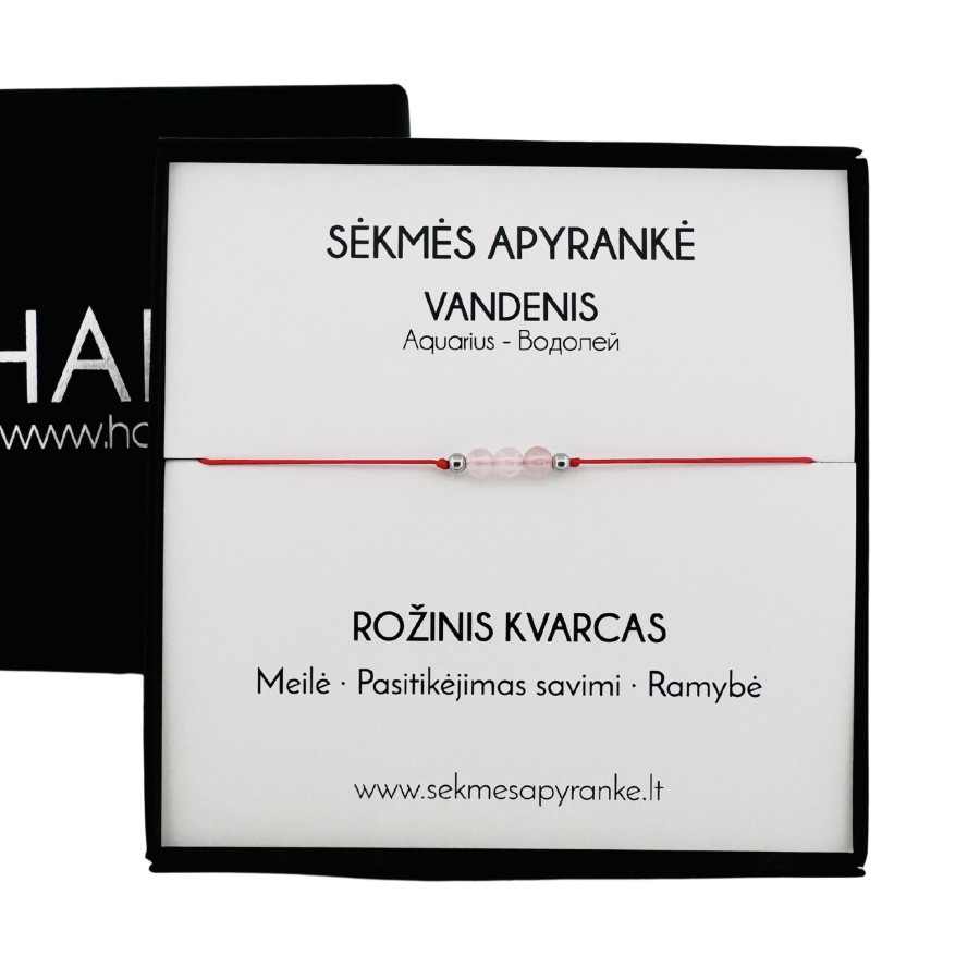 Sėkmės apyrankė VANDENIUI • Rožinis kvarcas • Raudonas siūlas Sėkmės apyrankė VANDENIUI • Rožinis kvarcas • Raudonas siūlas