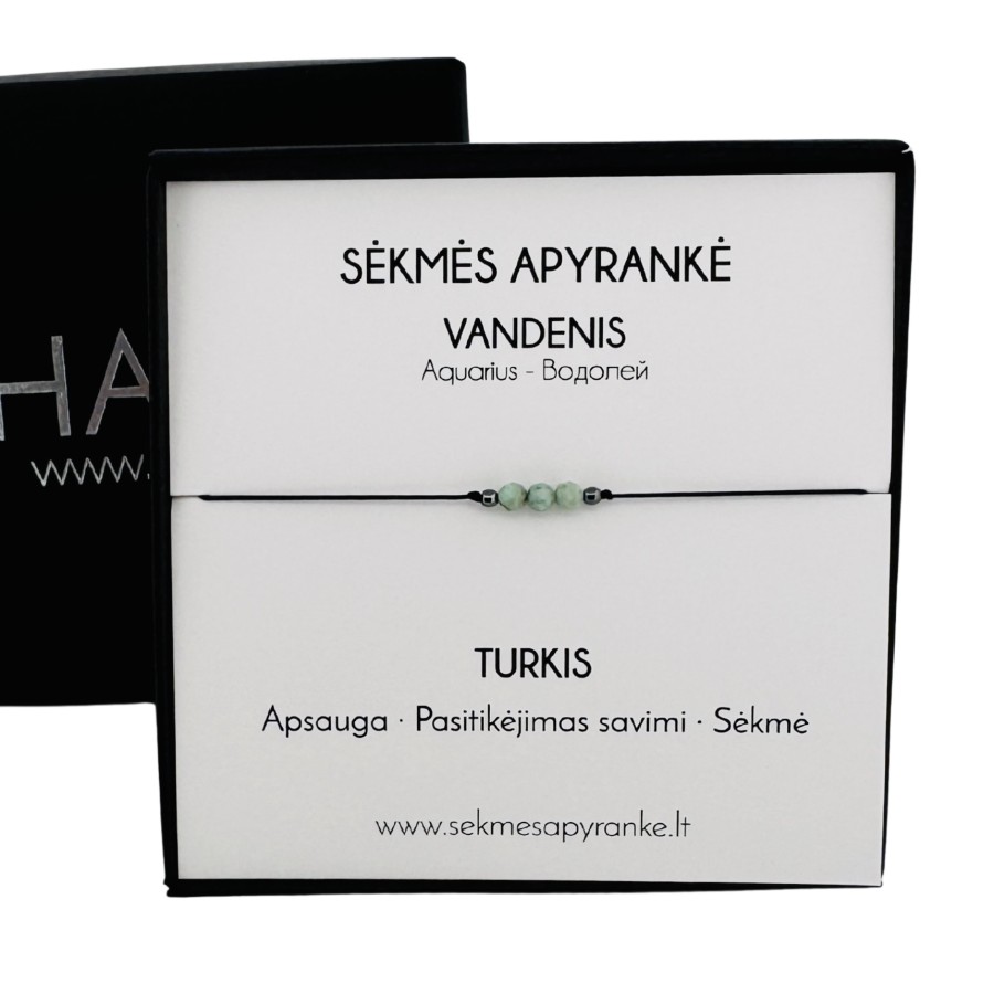 Sėkmės apyrankė VANDENIUI • Turkis • Juodas siūlas