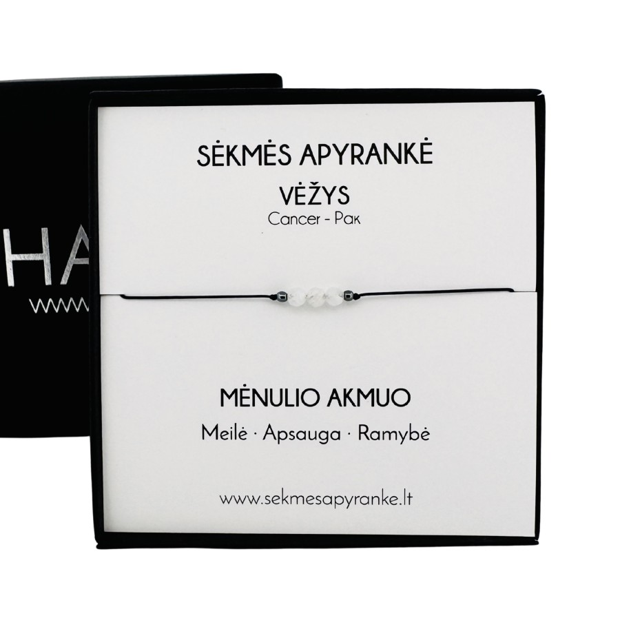 Sėkmės apyrankė VĖŽIUI • Mėnulio akmuo • Juodas siūlas