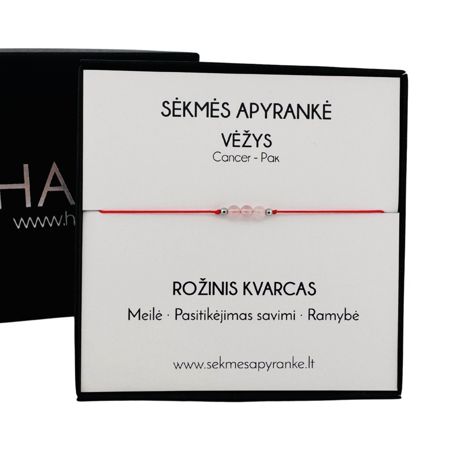 Sėkmės apyrankė VĖŽIUI • Rožinis kvarcas • Raudonas siūlas