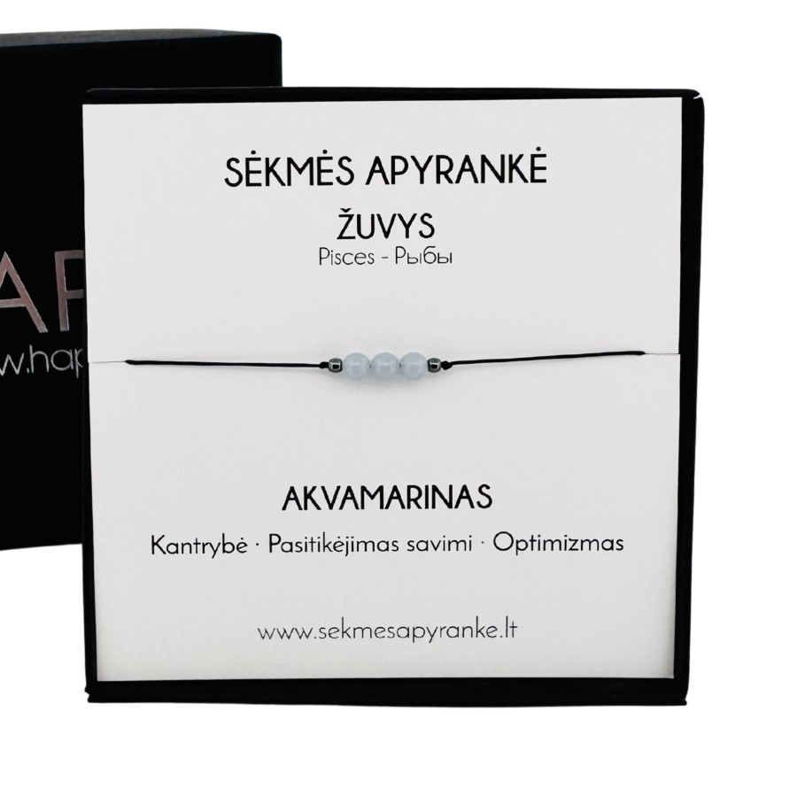 Sėkmės apyrankė ŽUVIMS • Akvamarinas • Juodas siūlas