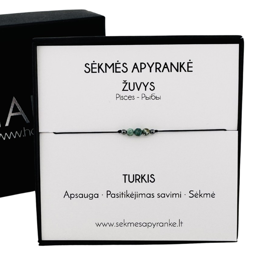 Sėkmės apyrankė ŽUVIMS • Turkis • Juodas siūlas