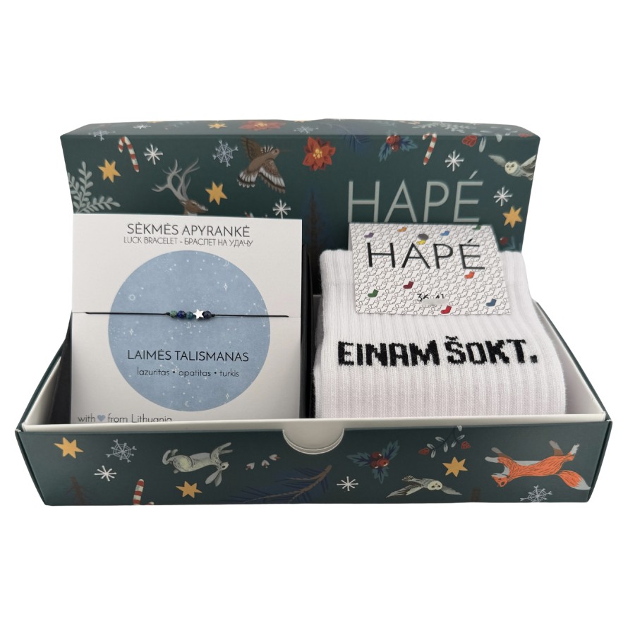 DOVANŲ RINKINYS KALĖDINĖJE DĖŽUTĖJE - kojinės ir LAIMĖS talismanas apyrankė